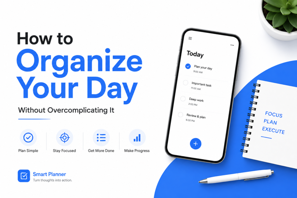 productivity tips, daily planning, organize your day, simple productivity system, mobile productivity, task management, time management, focus improvement, productivity app, Smart Planner